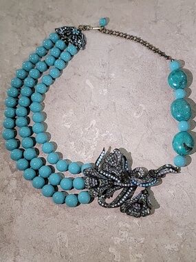 Heidi Daus Turquoise Bead Necklace with Swavorski Crystal Floral Pendant